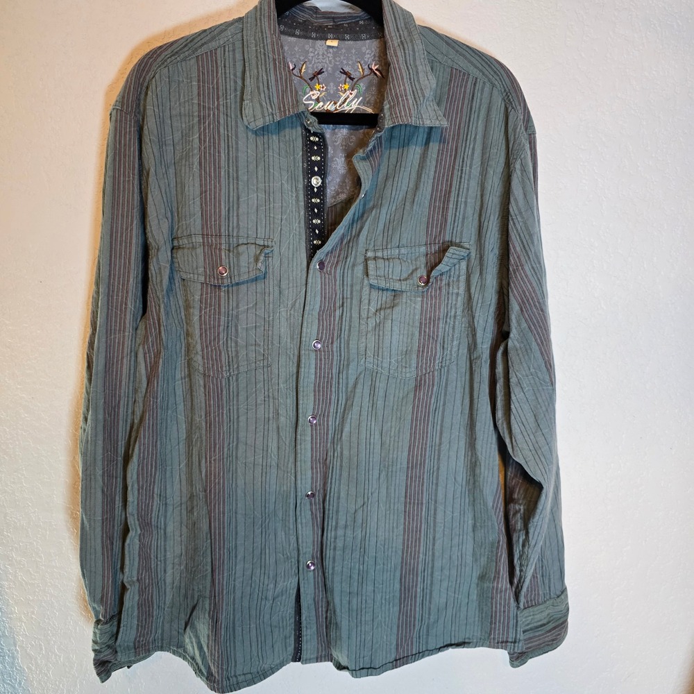 Scully Mens L Western Shirt Stripe Embroidered Long Sleeve Snap Front Flip Cuff